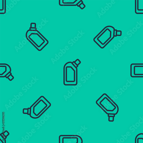 Blue line Plastic bottle for liquid laundry detergent, bleach, dishwashing liquid or another cleaning agent icon isolated seamless pattern on green background. Vector Illustration