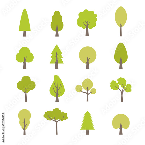 Flat trees set. Flat forest tree nature plant isolated eco foliage