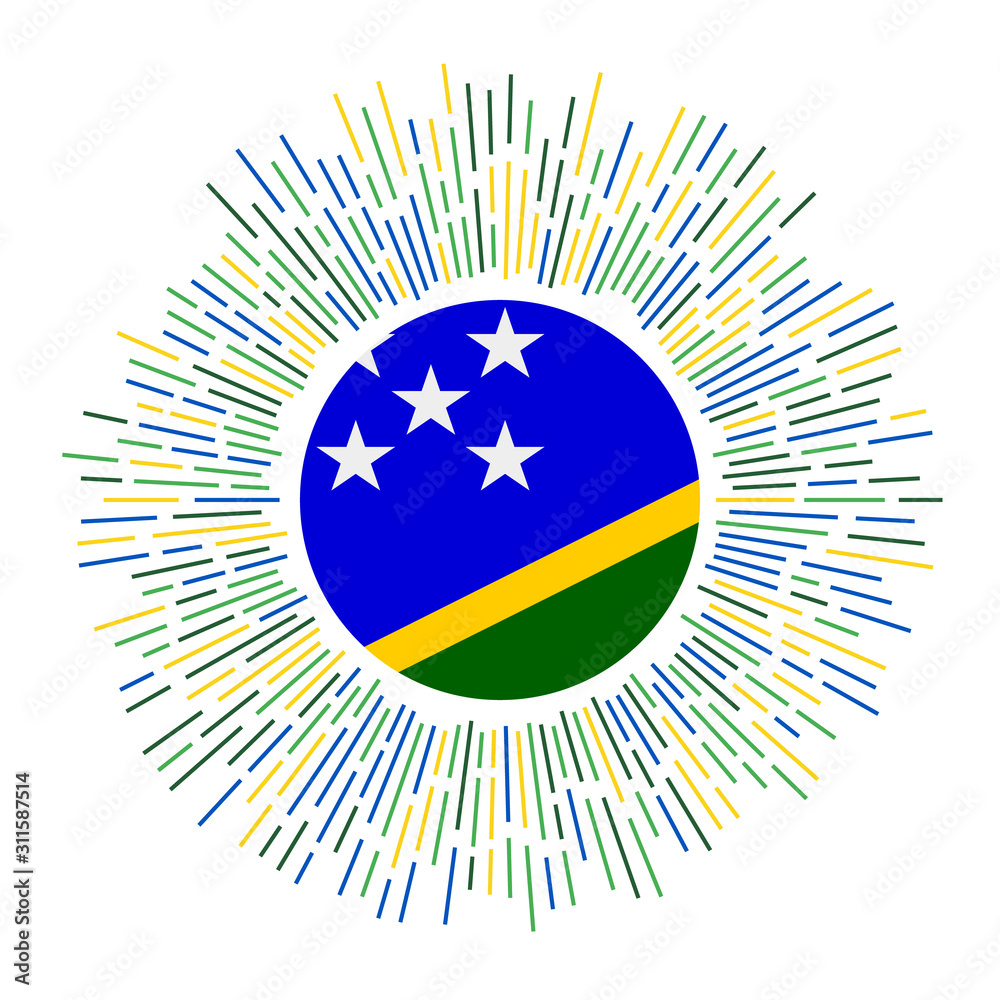 Solomon Islands sign. Country flag with colorful rays. Radiant sunburst with Solomon Islands flag. Vector illustration.