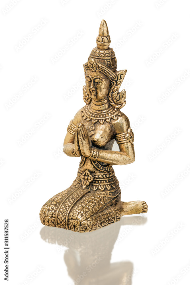 bronze figure of thai fairy, a traditional Thai Buddhist character. isolate on a white background, close-up bronze figure of thai fairy, a traditional Thai Buddhist character. isolate on a white background, close-up
