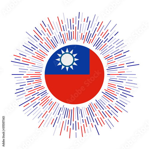 Taiwan sign. Country flag with colorful rays. Radiant sunburst with Taiwan flag. Vector illustration.