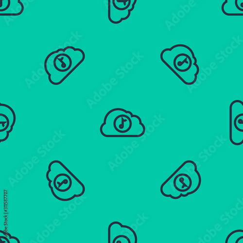 Blue line Music streaming service icon isolated seamless pattern on green background. Sound cloud computing, online media streaming, online song, audio wave. Vector Illustration