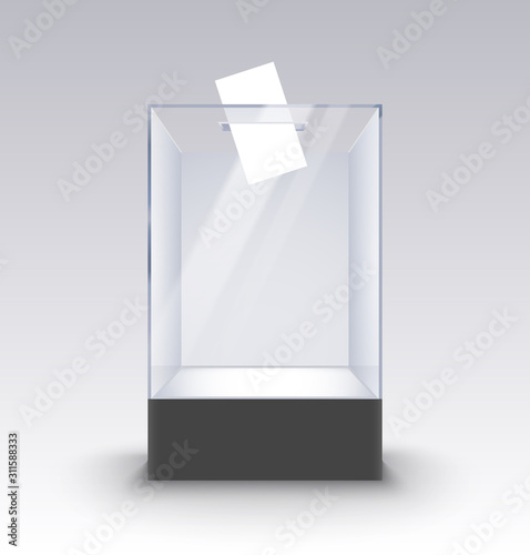 Transparent glass box ballot vote election. Empty container paper on standm voting box poll