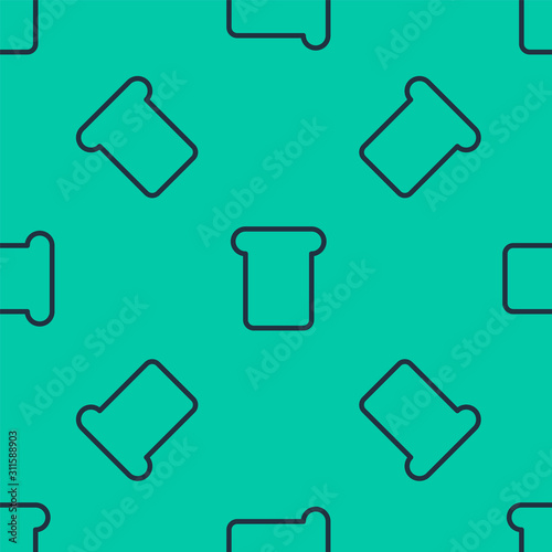 Blue line Bread toast for sandwich piece of roasted crouton icon isolated seamless pattern on green background. Lunch, dinner, breakfast snack. Vector Illustration