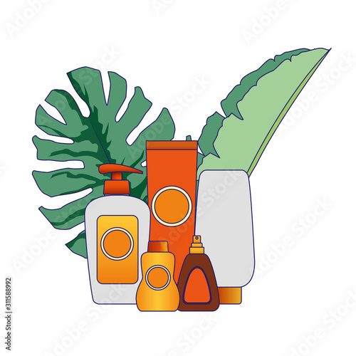 tropical leaves and sun bronzers bottles icon