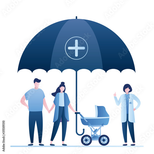 Happy family with baby stroller, female doctor and big save umbrella. Health Care with insurance concept.