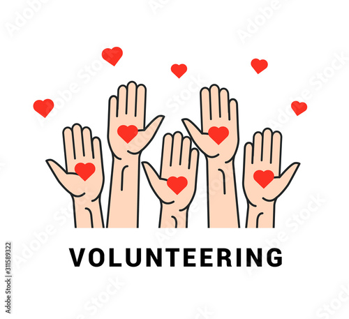 Volunteer vector icon heart care team. Charity volunteer hand symbol illustration