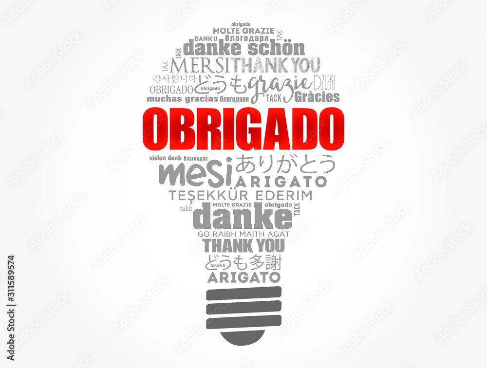 Obrigado (Thank You in Portuguese) light bulb Word Cloud in different languages Obrigado (Thank You in Portuguese) light bulb Word Cloud in different languages