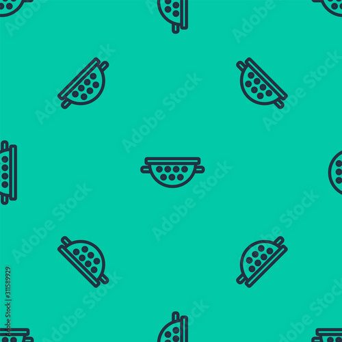 Blue line Kitchen colander icon isolated seamless pattern on green background. Cooking utensil. Cutlery sign. Vector Illustration