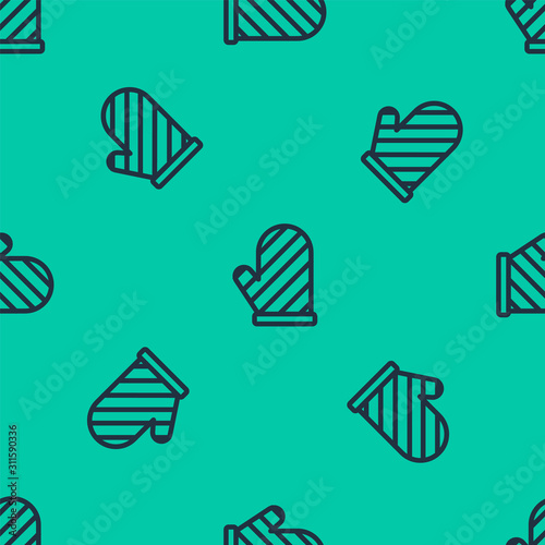Blue line Oven glove icon isolated seamless pattern on green background. Kitchen potholder sign. Cooking glove. Vector Illustration