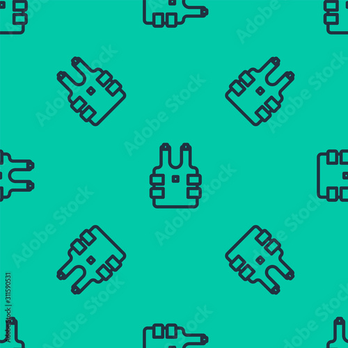 Blue line Bulletproof vest for protection from bullets icon isolated seamless pattern on green background. Body armor sign. Military clothing. Vector Illustration