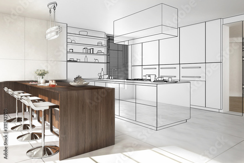Interior of modern kitchen - 3D illustration