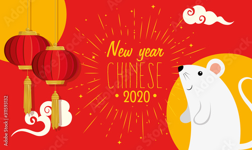 happy new year chinese 2020 with rats and decoration vector illustration design