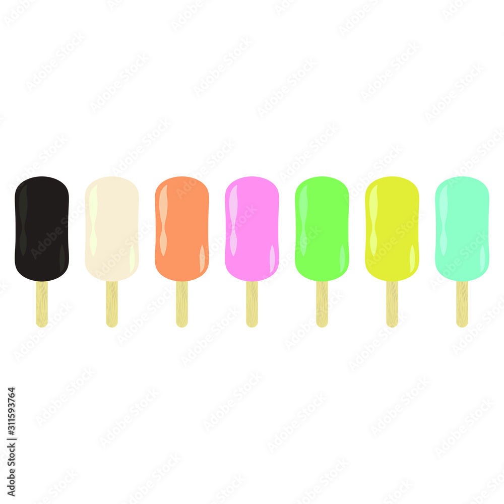 Ice cream logo icon sign rainbow colored fruity of seven frozen popsicles vector illustration on white background. Modern design Fashion print for clothes cards picture banner for websites Ice cream logo icon sign rainbow colored fruity of seven frozen popsicles vector illustration on white background. Modern design Fashion print for clothes cards picture banner for websites