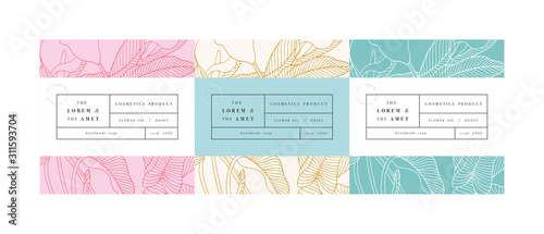 Vector set pattens for cosmetics with label template design. Patterns or wrapping paper for package and beauty salons. Calla lily flowers