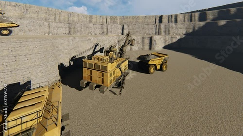 quarry dump trucks work, 3D illustration