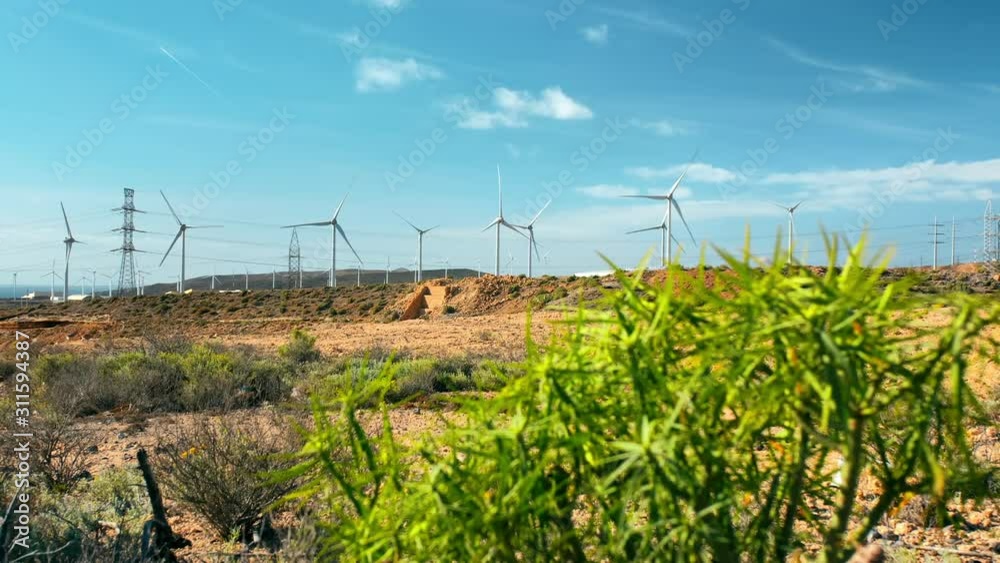 Windmills, turbines of electric generators. Green bush plants in the foreground. High-voltage power lines. The concept of green, renewable, clean energy. Windmills, turbines of electric generators. Green bush plants in the foreground. High-voltage power lines. The concept of green, renewable, clean energy.