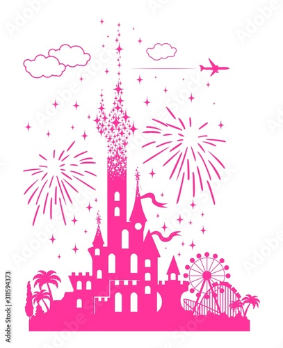 Photographie Fairytail pink castle with a landscape of attractions, fireworks and airliner