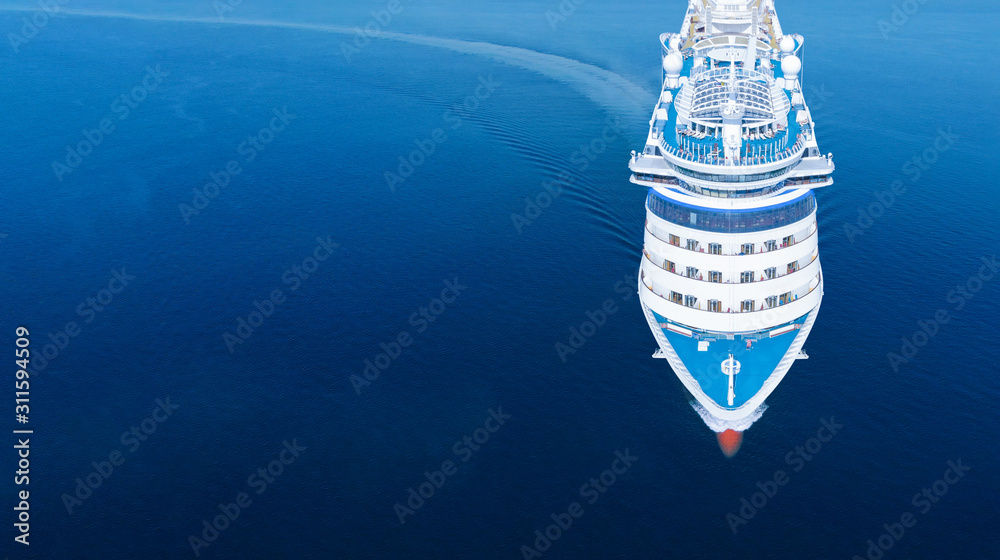 Aerial view of beautiful white cruise ship above luxury cruise in the ocean sea  concept tourism travel on holiday take a vacation time on summer. - obrazy, fototapety, plakaty 