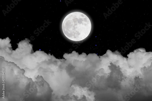 Full moon with starry and clouds background. Romantic night.