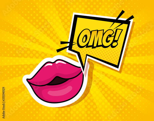sexy lips with expression omg in speech bubble pop art style vector illustration design