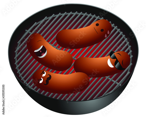 Barbecue with sausages emoticons on a white background.