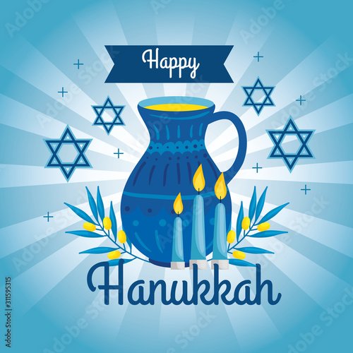 happy hanukkah with teapot and decoration vector illustration design