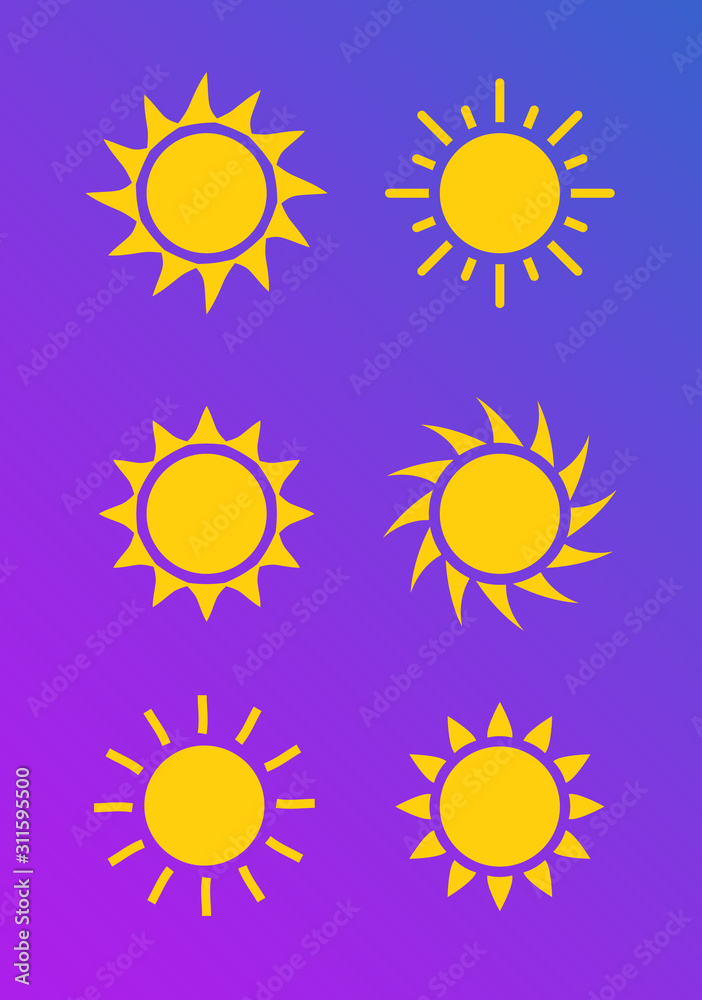 Fototapeta premium Sun icon symbol illustration, Sunlight design weather. Flat sunshine isolated set of sun logo