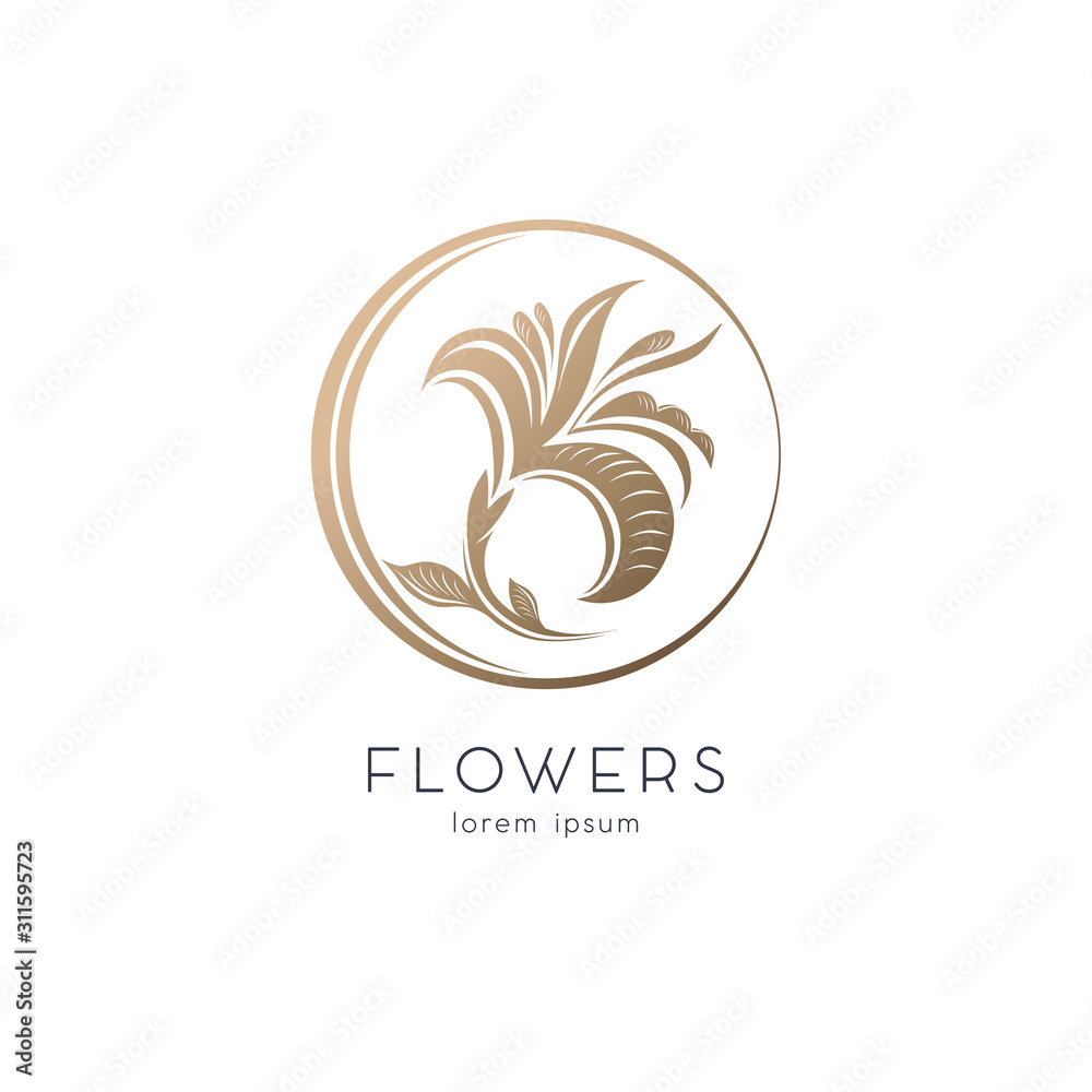 Golden flower, graceful Lily in a circle, emblem, logo. Template for beauty Studio, jewelry store, cosmetics, women's clothing, boutique. Isolated vector illustration Golden flower, graceful Lily in a circle, emblem, logo. Template for beauty Studio, jewelry store, cosmetics, women's clothing, boutique. Isolated vector illustration