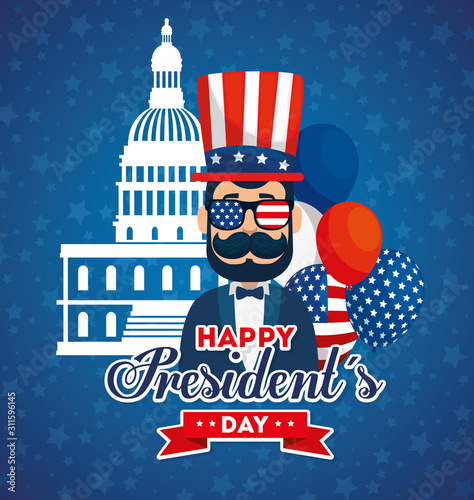 happy presidents day with american parliament and decoration vector illustration design