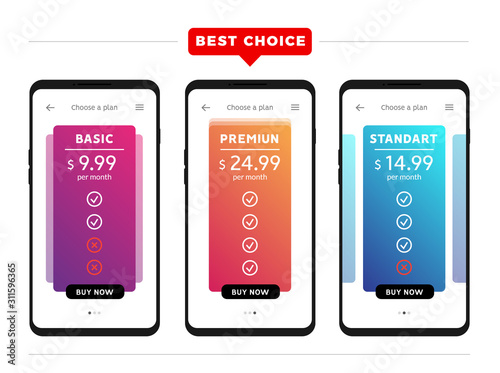 Tariff plan price page table interface. Mobile phone operator design column plan menu