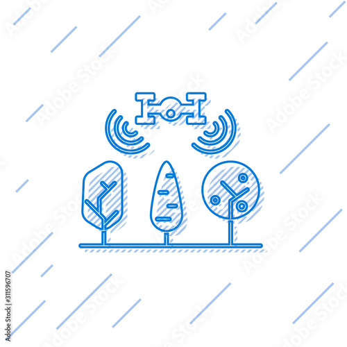 Blue line Smart farm with drone control and tree icon isolated on white background. Innovation technology for agricultural company. Vector Illustration