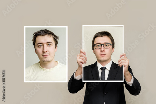 two different masks of one person. a successful man and a loser. the first impression of a person. different sides of the personality. the concept of pretense, and fake falsity photo