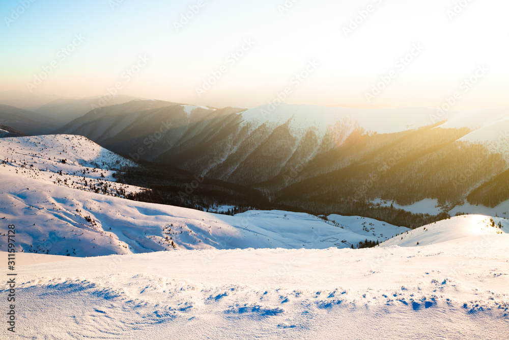 Beautiful view of the ski slope on a sunny winter