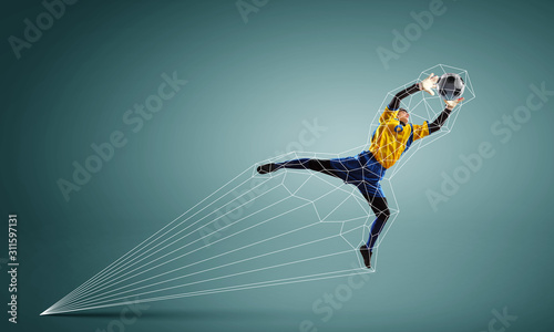 Soccer goalkeeper catch ball. Mixed media