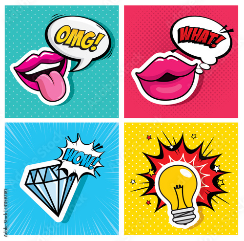 set of lips with diamond and light bulb style pop art design