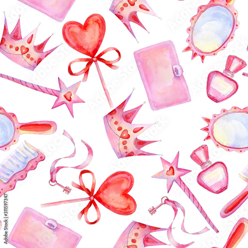 Watercolor seamless pattern with little princess accessories on white