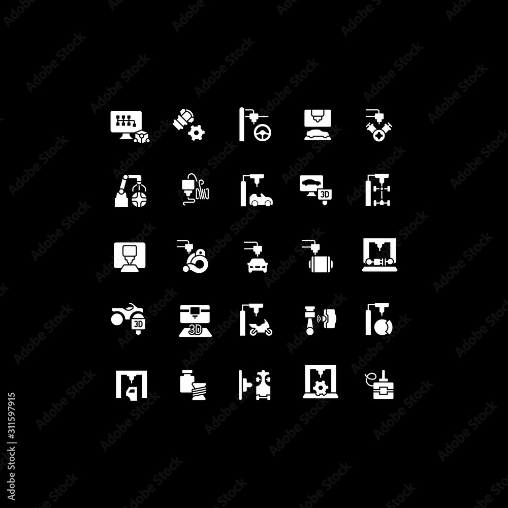 Set of Simple Icons of 3D Cars Printing
