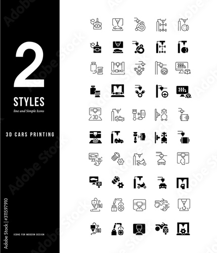 Simple Line Icons of 3D Cars Printing
