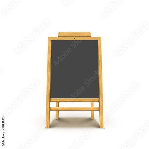 Blackboard easel vector wooden menu. Chalkboard black wood chalk school cafe frame