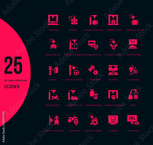 Set of Simple Icons of 3D Cars Printing
