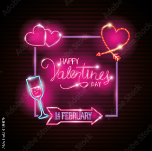 happy valentines day with frame and decoration of neon lights vector illustration design