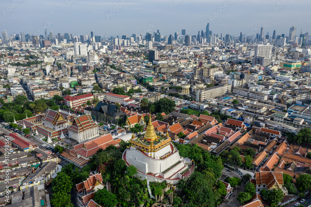 Aerial view of Bangkok and Wat Phu Khao Thong