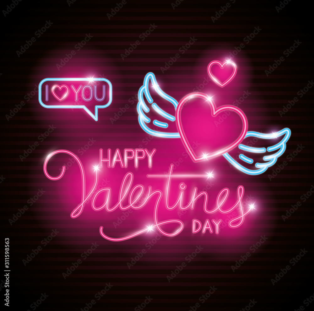 happy valentines day with heart and wings of neon lights vector illustration design