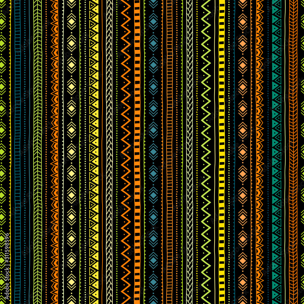 Striped geometric seamless pattern. Colored lines on a dark background. Ethnic and tribal motifs. The vertical direction of the lines. Vector illustration. Striped geometric seamless pattern. Colored lines on a dark background. Ethnic and tribal motifs. The vertical direction of the lines. Vector illustration.