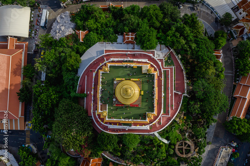 Aerial perspective of Wat Phu Khao Thong temple in Bangkok, Thailand