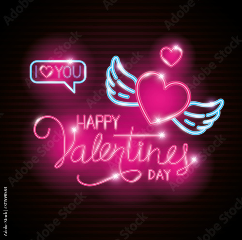 happy valentines day with heart and wings of neon lights vector illustration design