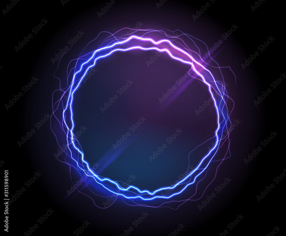 Electric circle or plasma round, realistic vector illustration. Abstractt round lightning frame with burning rays or powerful electric discharges isolated on black. Magical energy design element