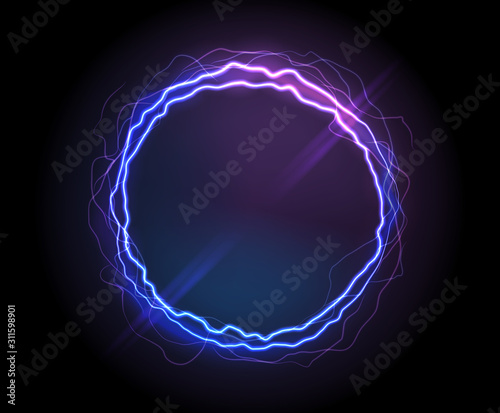 Electric circle or plasma round, realistic vector illustration. Abstractt round lightning frame with burning rays or powerful electric discharges isolated on black. Magical energy design element