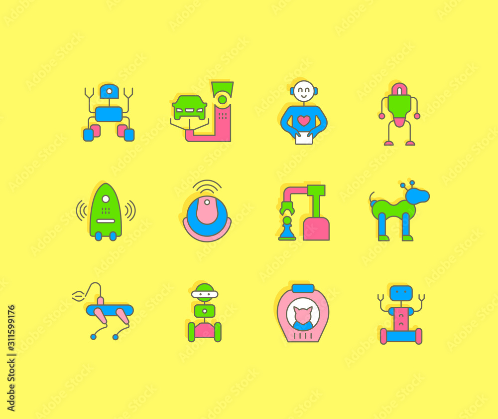 Set of Simple line Icons of Robots